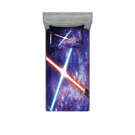 Ambesonne Galaxy Fitted Sheet & Pillow Sham Set, Theme, Twin, Purple Blue and Black