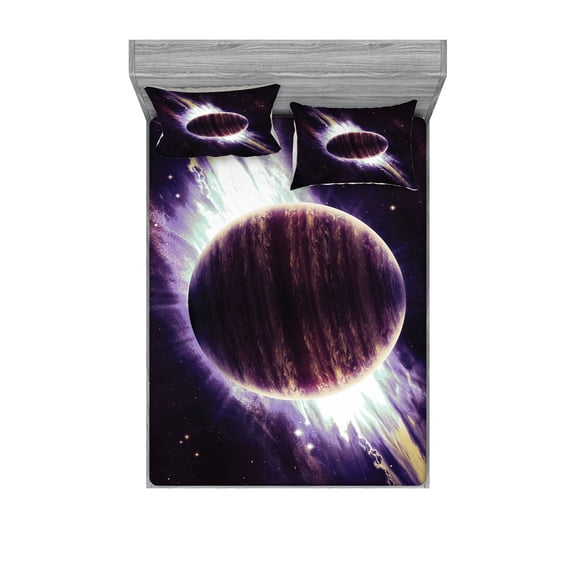 Ambesonne Galaxy Fitted Sheet & Pillow Sham Set, Trippy Planet Cosmos, Queen, Purple