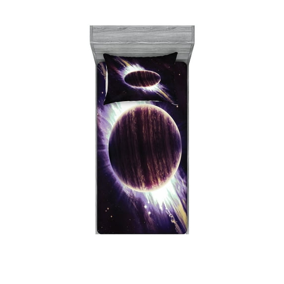 Ambesonne Galaxy Fitted Sheet & Pillow Sham Set, Trippy Planet Cosmos, Twin, Purple