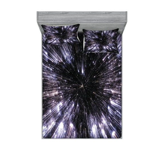 Ambesonne Galaxy Fitted Sheet & Pillow Sham Set, Universe Space Travel, Queen, Violet Black White