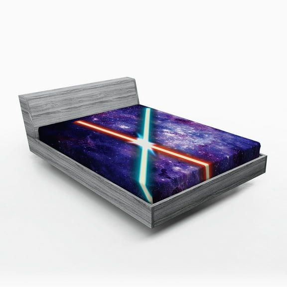 Ambesonne Galaxy Fitted Sheet, Space Clash, Queen Size, Red Blue and Black