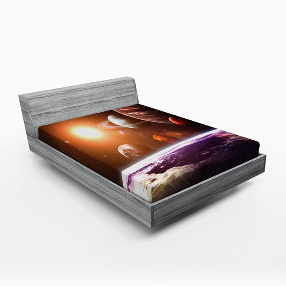 Ambesonne Galaxy Fitted Sheet, Space View Solar System, Full Size, Magenta Orange