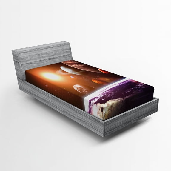 Ambesonne Galaxy Fitted Sheet, Space View Solar System, Twin Size, Magenta Orange