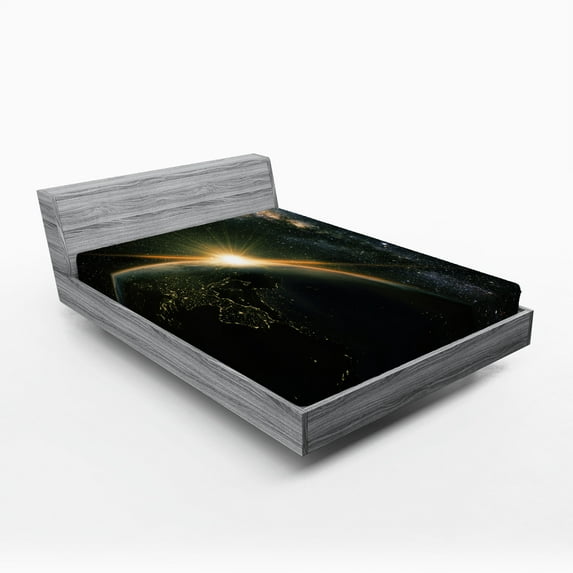 Ambesonne Galaxy Fitted Sheet, Sun Rising Above Earth, King Size, Black