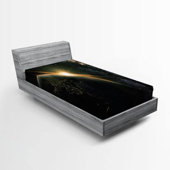 Ambesonne Galaxy Fitted Sheet, Sun Rising Above Earth, Twin XL Size, Black