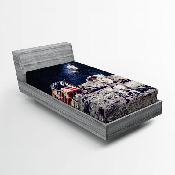 Ambesonne Galaxy Fitted Sheet, USA Flag and Astronaut, Twin Size, Grey Dark Blue