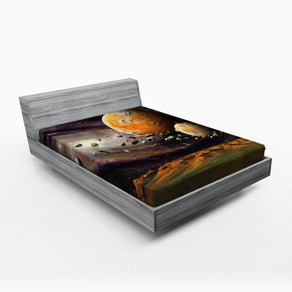 Ambesonne Galaxy Fitted Sheet, Universe Space Planets, Queen Size, Green Purple