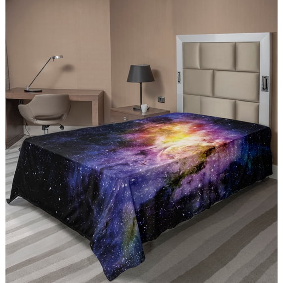 Ambesonne Galaxy Flat Sheet, Alluring Nebula Stars, Twin Size, Black Purple and Yellow