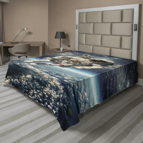 Ambesonne Galaxy Flat Sheet, Astronaut Floats Outer Space, Full Size, Grey Blue