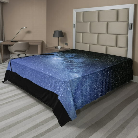 Ambesonne Galaxy Flat Sheet, Milky Way N?ght Galaxy, King Size, Dark Blue Black