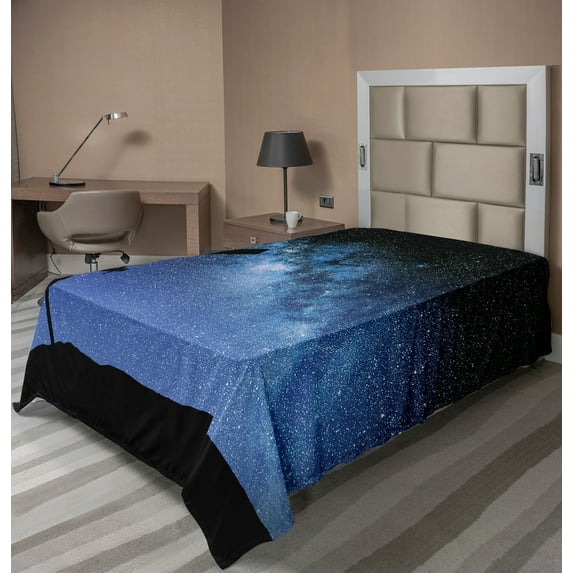 Ambesonne Galaxy Flat Sheet, Milky Way N?ght Galaxy, Twin Size, Dark Blue Black