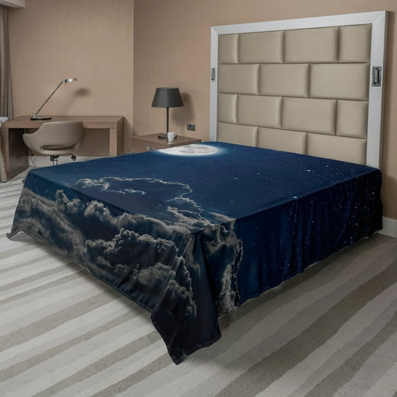 Ambesonne Galaxy Flat Sheet, Moon and Stars, King Size, Grey Dark Blue