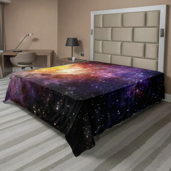 Ambesonne Galaxy Flat Sheet, Outer Space Nebula View, Queen Size, Black Purple Yellow