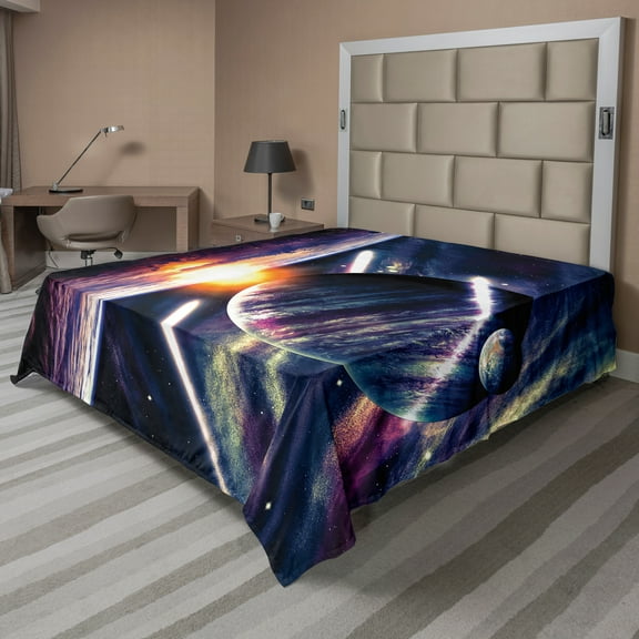 Ambesonne Galaxy Flat Sheet, Planet Earth Stardust, Queen Size, Purple Blue
