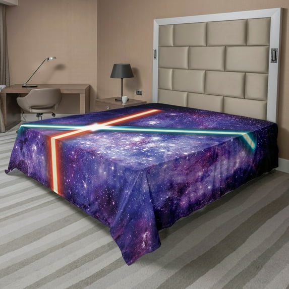 Ambesonne Galaxy Flat Sheet, Space Clash, Full Size, Red Blue and Black