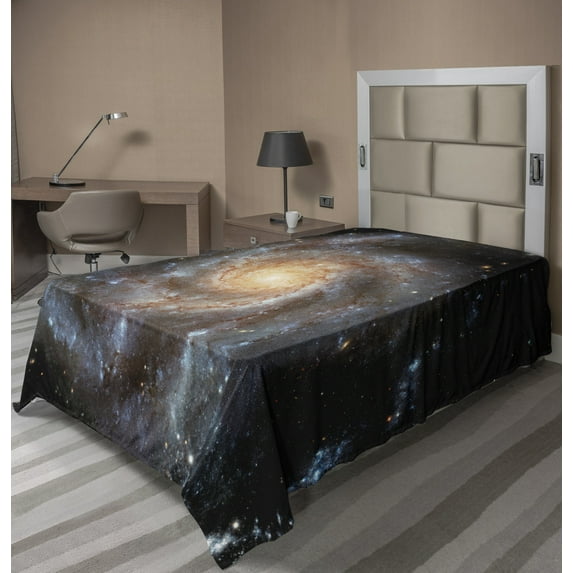 Ambesonne Galaxy Flat Sheet, Star Disc in Huge Space, TwinXL Size, Black Beige Violet