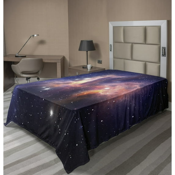 Ambesonne Galaxy Flat Sheet, Stardust in Universe, TwinXL Size, Purple Blue Orange