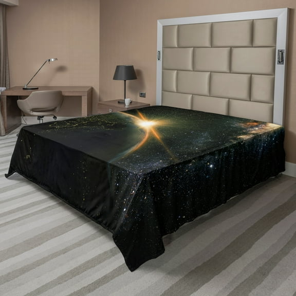 Ambesonne Galaxy Flat Sheet, Sun Rising Above Earth, California King, Black