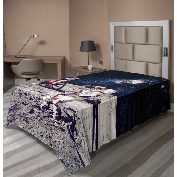 Ambesonne Galaxy Flat Sheet, USA Flag and Astronaut, TwinXL Size, Grey Dark Blue