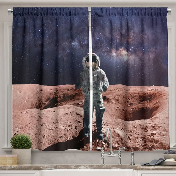 Ambesonne Galaxy Kitchen Curtains, Brave Astronaut on Mars Art, 55"x45", Rust and Indigo