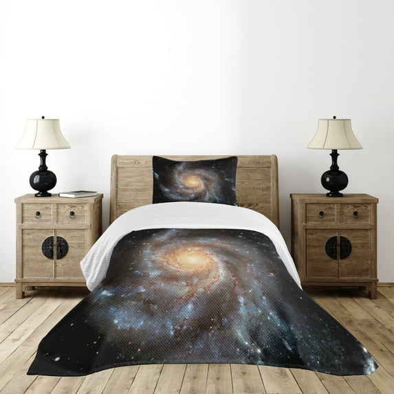 Ambesonne Galaxy Quilted Bedspread Set 2 Pcs, Star Disc in Huge Space, Twin Size, Black Beige Violet