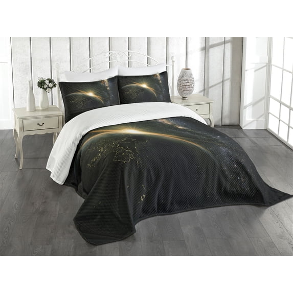 Ambesonne Galaxy Quilted Bedspread Set 3 Pcs, Sun Rising Above Earth, King Size, Black