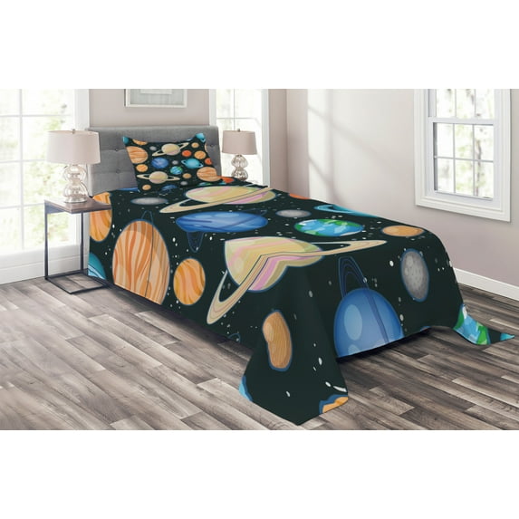 Ambesonne Galaxy Quilted Coverlet 2 Pcs, Galaxy Space Art Solar, Twin Size, Multicolor