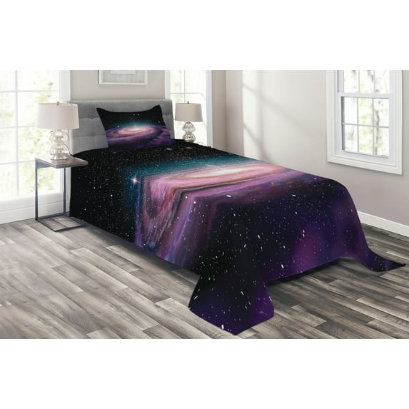 Ambesonne Galaxy Quilted Coverlet 2 Pcs, Galaxy in Outer Space, Twin Size, Mauve Black