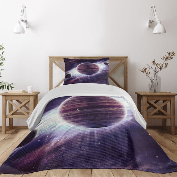 Ambesonne Galaxy Quilted Coverlet 2 Pcs, Outer Space Planets Mars, Twin Size, Mauve Purple