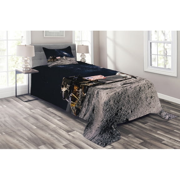 Ambesonne Galaxy Quilted Coverlet 2 Pcs, Rocket Travelling Space, Twin Size, Grey Navy Blue