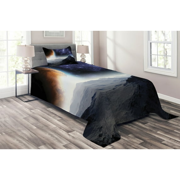 Ambesonne Galaxy Quilted Coverlet 2 Pcs, Science Fiction Nature, Twin Size, Purple Black Orange