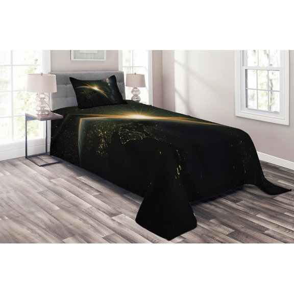 Ambesonne Galaxy Quilted Coverlet 2 Pcs, Sun Rising Above Earth, Twin Size, Black