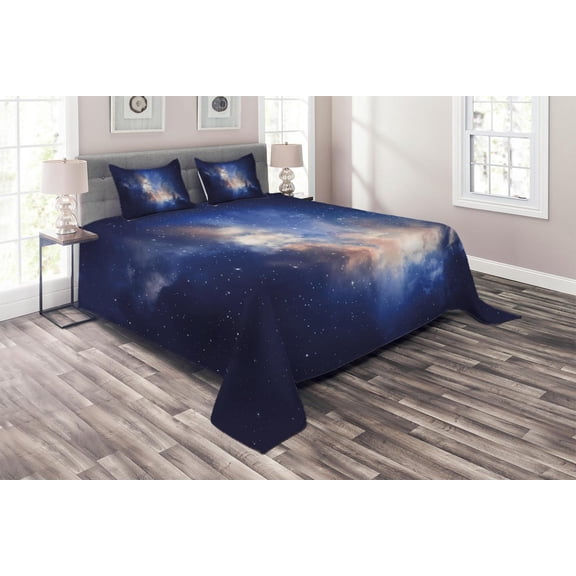 Ambesonne Galaxy Quilted Coverlet 3 Pcs, Immense Space Hole View, Queen Size, Navy Blue