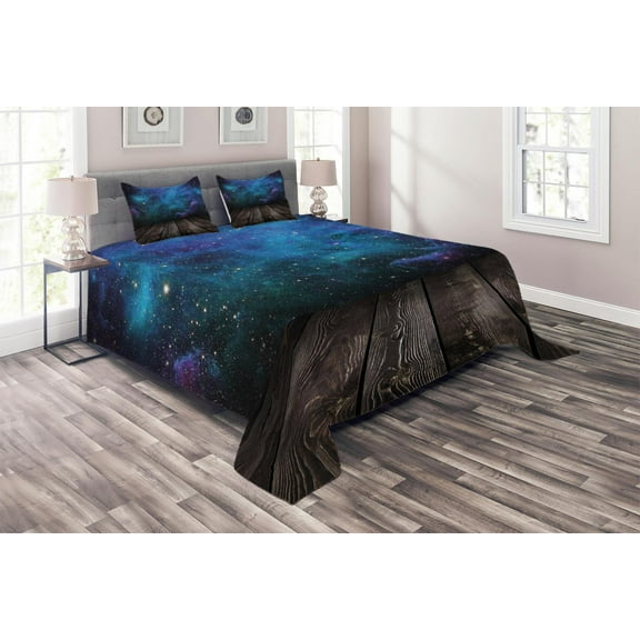 Ambesonne Galaxy Quilted Coverlet 3 Pcs, Space from Home View, King Size, Purple Blue Brown