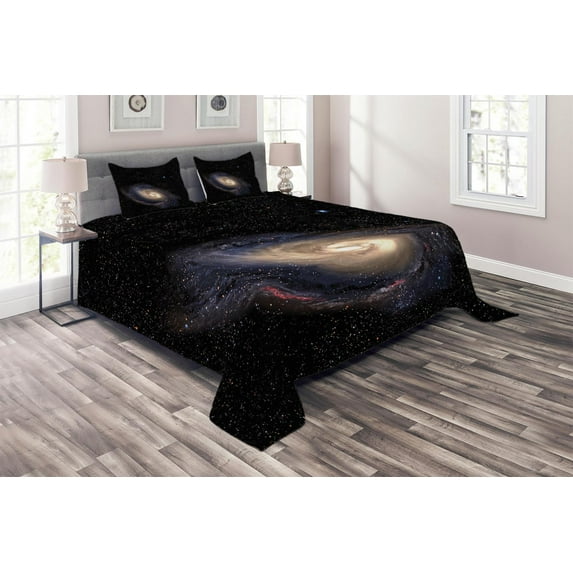 Ambesonne Galaxy Quilted Coverlet 3 Pcs, Spiral Space Universe, Queen Size, Black Beige Purple