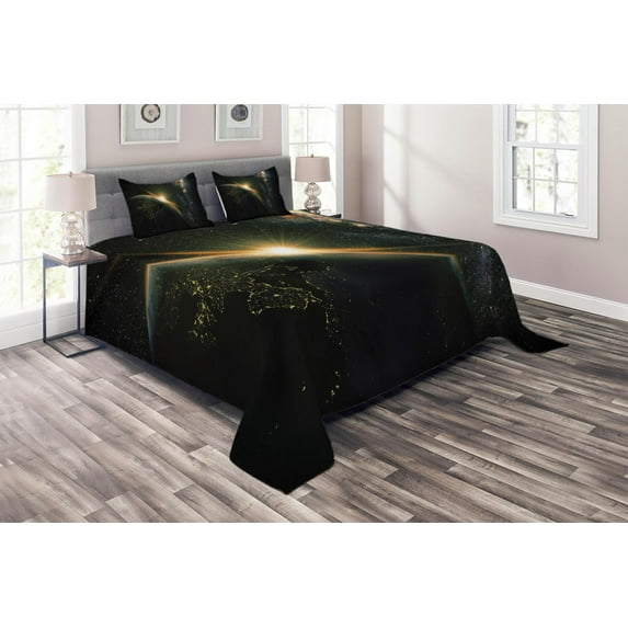 Ambesonne Galaxy Quilted Coverlet 3 Pcs, Sun Rising Above Earth, King Size, Black