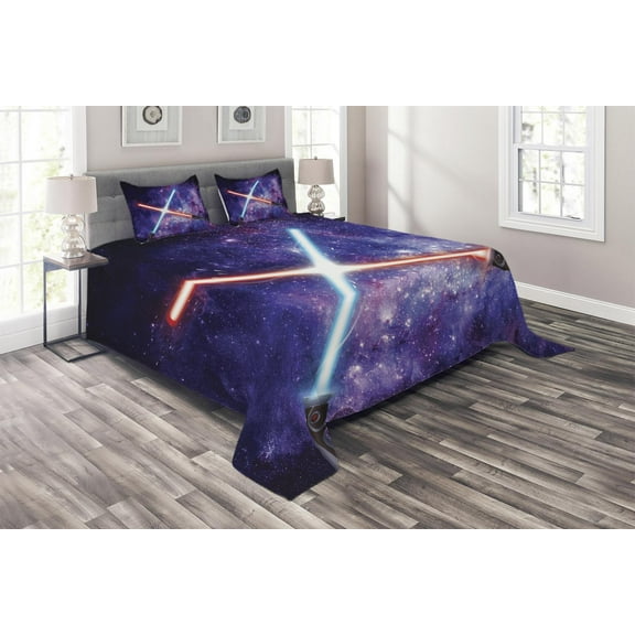 Ambesonne Galaxy Quilted Coverlet 3 Pcs, Theme, Queen Size, Purple Blue and Black
