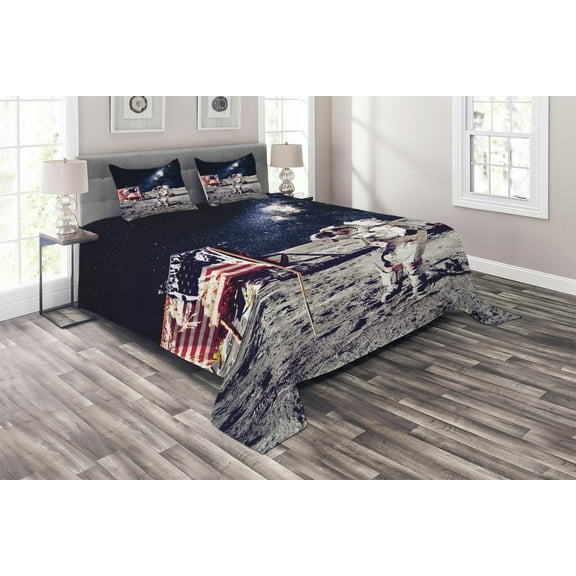 Ambesonne Galaxy Quilted Coverlet 3 Pcs, USA Flag and Astronaut, King Size, Grey Dark Blue