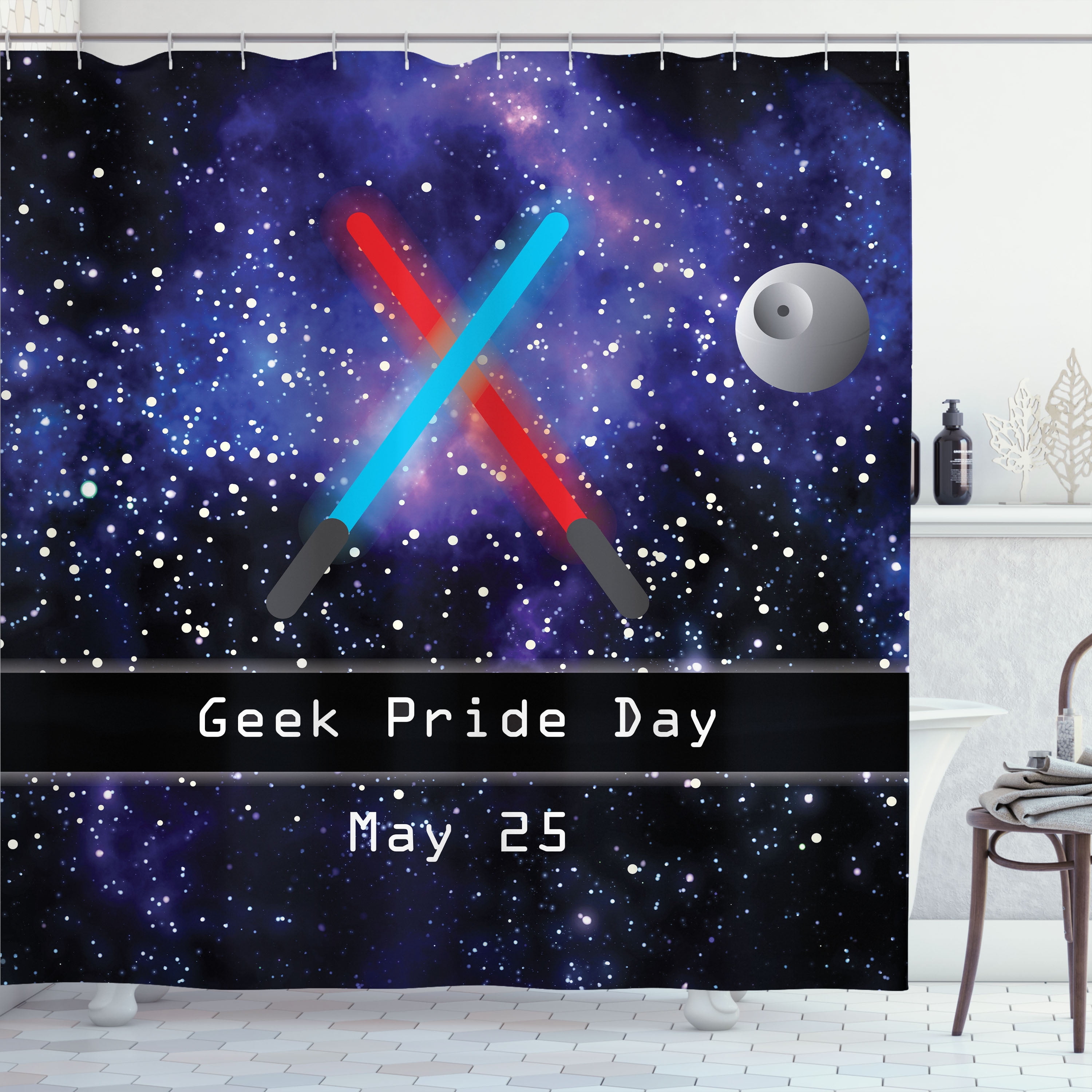 Ambesonne Galaxy Shower Curtain, Geek Nerd Pride Day, 69"Wx84"L, Blue