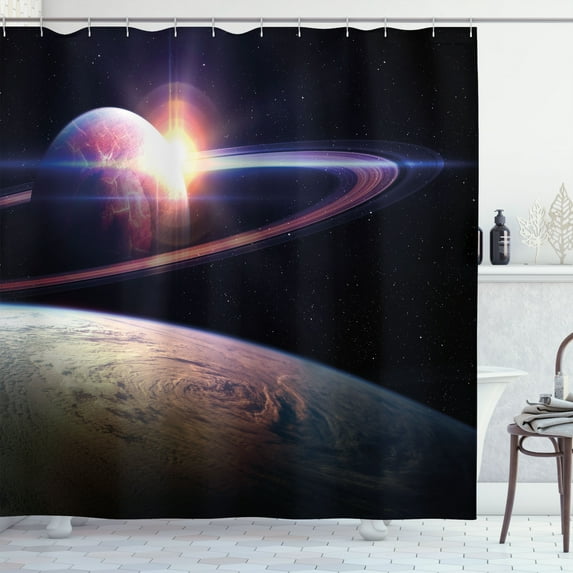 Ambesonne Galaxy Shower Curtain, Massive Planets Cosmo, 69"Wx70"L, Black Blue