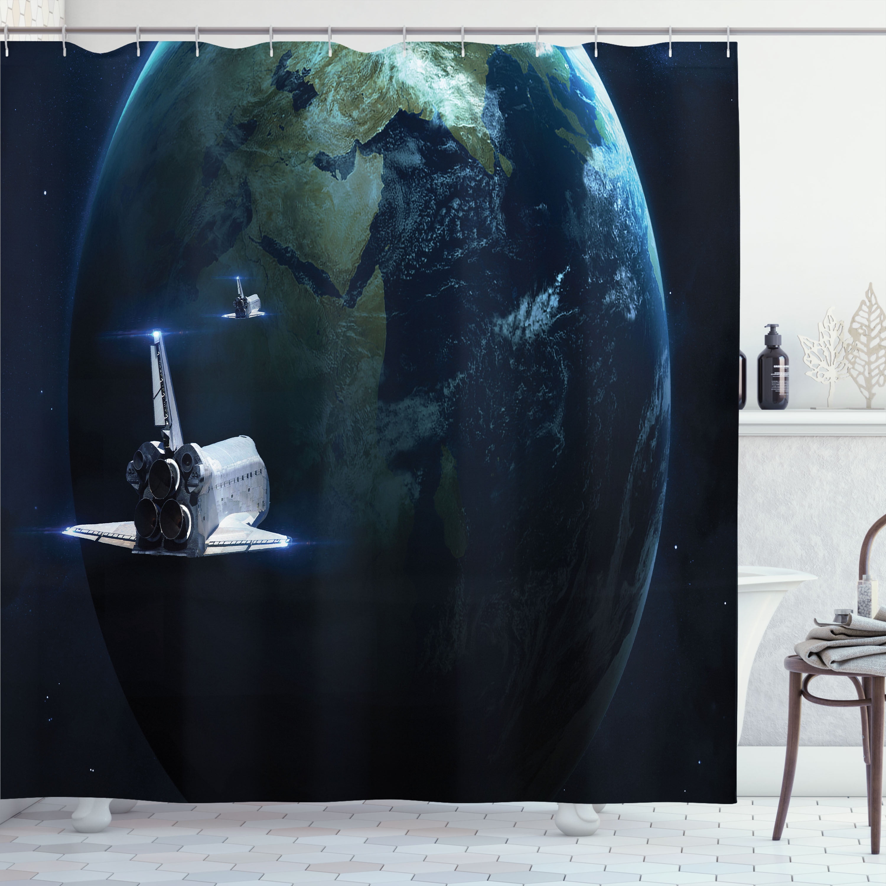 Ambesonne Galaxy Shower Curtain, Spaceship Earth Fiction, 69"Wx70"L, Navy Blue Grey