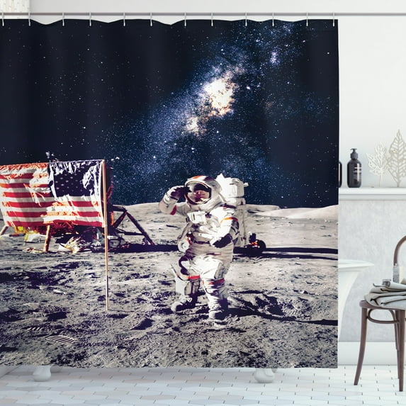 Ambesonne Galaxy Shower Curtain, USA Flag and Astronaut, 69"Wx75"L, Grey Dark Blue