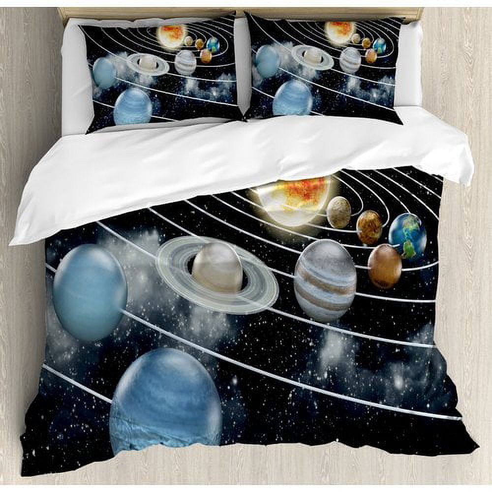 Galaxy Solar System Planets Black Polyester Queen Duvet Cover Set