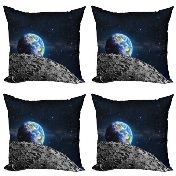 Ambesonne Galaxy Throw Pillow Cover 4 Pack, Moon Surface Luna Design, 24", Grey Dark Blue