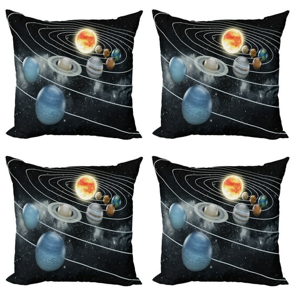 Ambesonne Galaxy Throw Pillow Cover 4 Pack, Solar System Sun Planets, 18", Black Grey