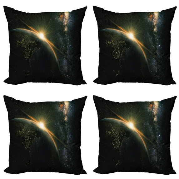 Ambesonne Galaxy Throw Pillow Cover 4 Pack, Sun Rising Above Earth, 18", Black