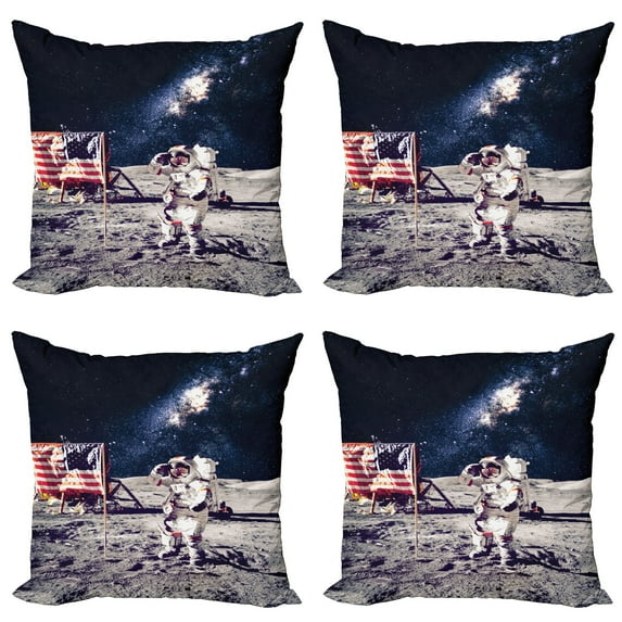 Ambesonne Galaxy Throw Pillow Cover 4 Pack, USA Flag and Astronaut, 20", Grey Dark Blue