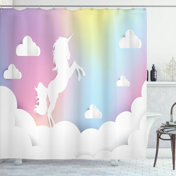 Ambesonne Galaxy Unicorn Shower Curtain, Rampant Horse Clouds, 69"Wx84"L, White Soft Pink Yellow