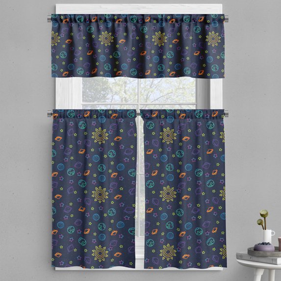 Ambesonne Galaxy Valance & Curtain, Hand-Drawn Sun Stars Art, 55"x24", Dark Yellow and Violet Blue