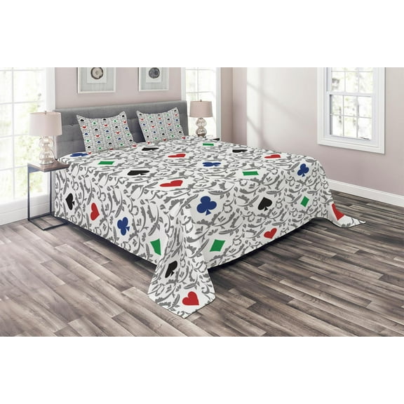 Ambesonne Gambling Quilted Coverlet 3 Pcs, Hearts Spades Diamonds, King Size, Multicolor